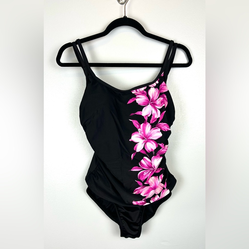 Miraclesuit One Piece Swimsuit 8 Slimming Padded Bra Black Pink Floral Fauxkini